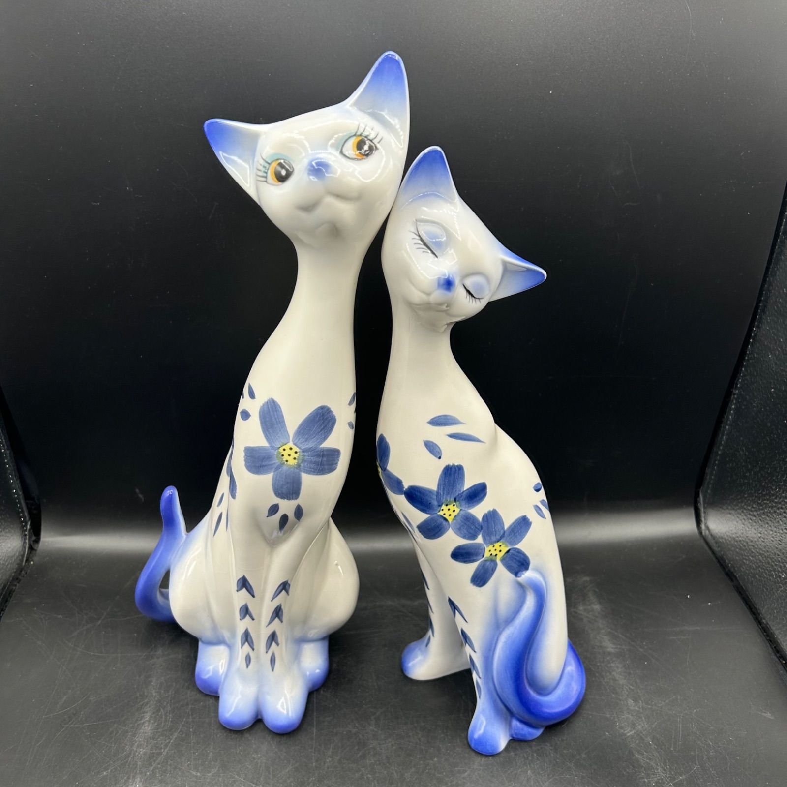 猫の置物 シャム猫 ペア 37cm レトロ アンティーク 陶器 オブジェ