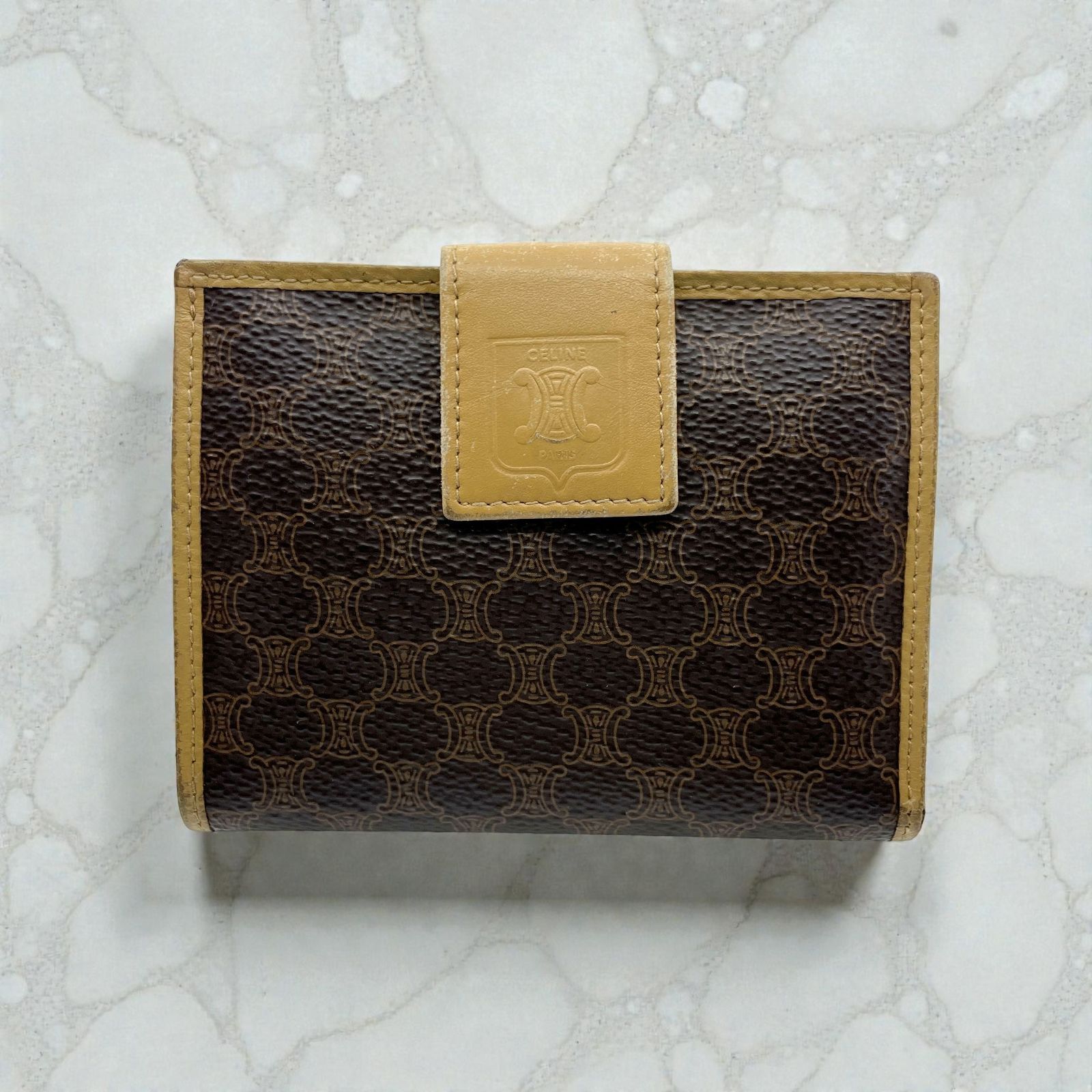 CELINE セリーヌ マカダム がま口 二つ折り財布 PVC×レザー ブラウン