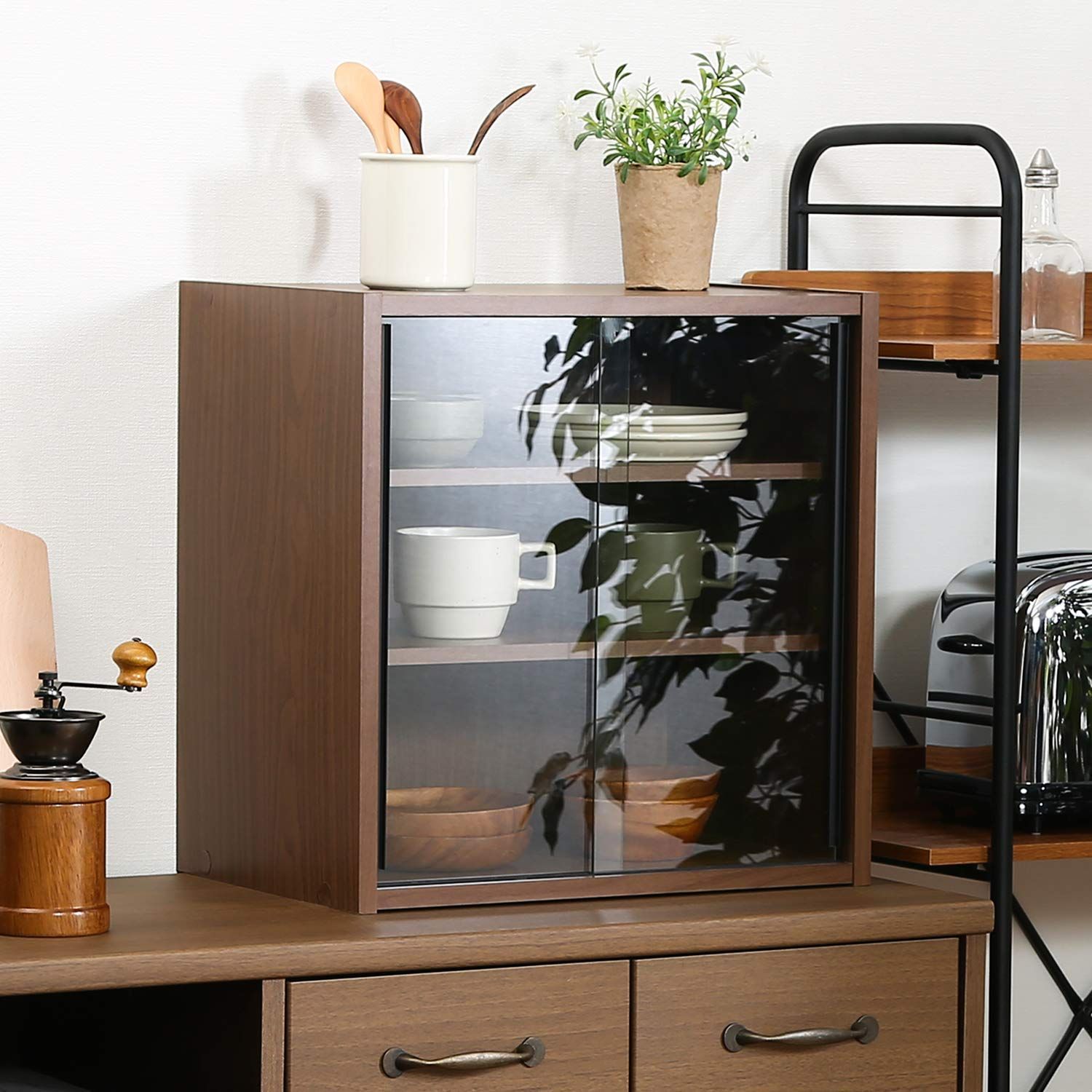 可動棚 組立品 ガラス扉 ミディアムブラウン 幅43×奥行29×高さ44cm