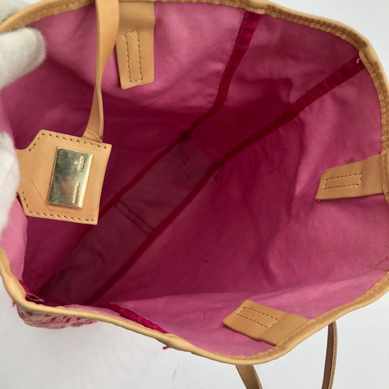 フェンディ トートバッグ ズッカ柄 ピンク キャンバス レザー ポーチ付