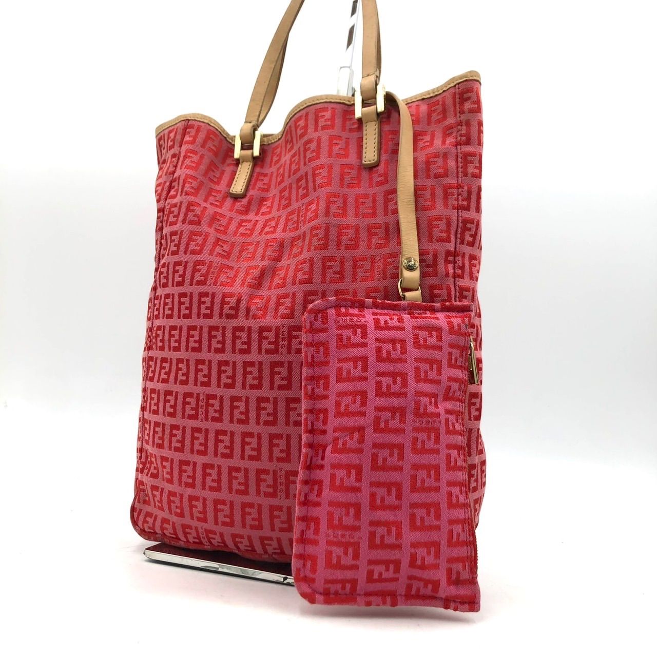 フェンディ トートバッグ ズッカ柄 ピンク キャンバス レザー ポーチ付