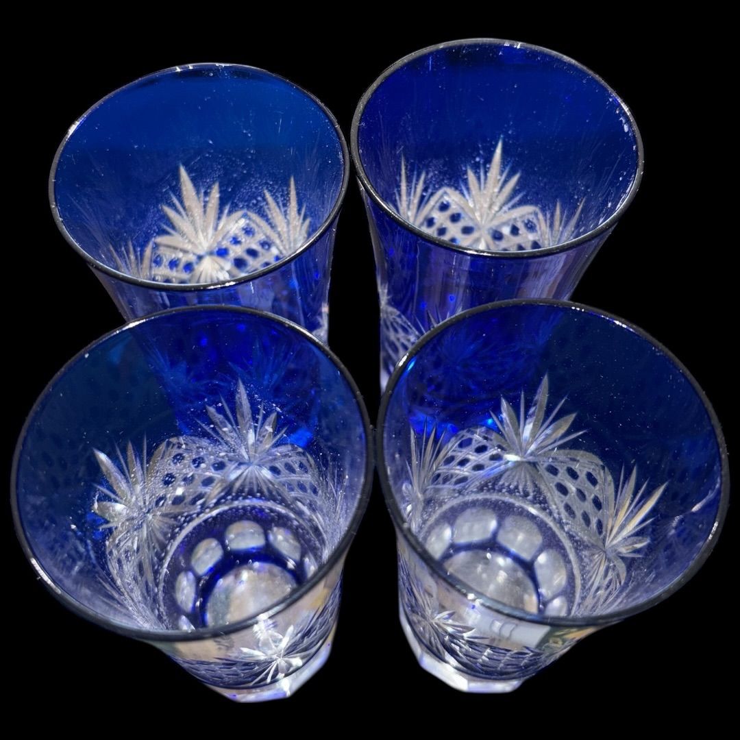 京彩 切子 グラス 青被せ 四客揃 酒器 ショットグラス 時代物 レトロ