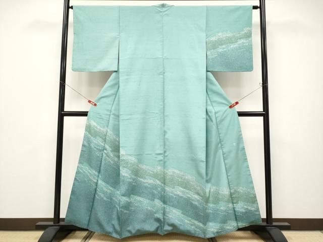 平和屋着物●極上　石川県指定無形文化財　牛首紬　白山工房　手織り　訪問着　霞文　錆青磁色地　逸品　CYAA4644s6 平和屋着物○極上 石川県指定無形文化財 牛首紬 白山工房 手織り 訪問