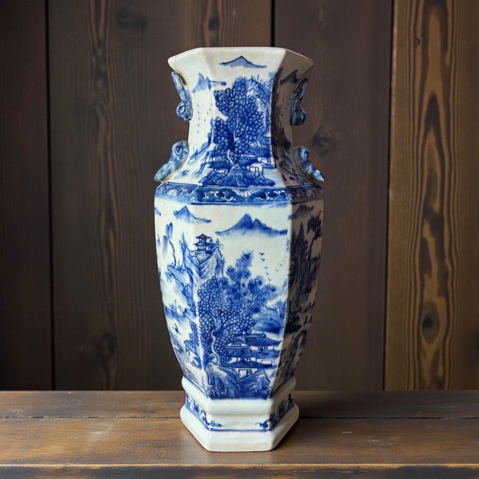 大清康熙年製 六角花瓶 山水風景図 時代物 壺 中国 フラワーベース