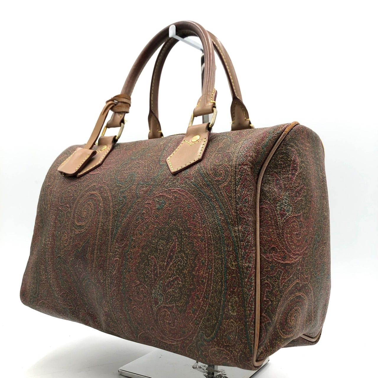エトロ ミニボストン ハンドバッグ ペイズリー柄 PVC レザー ブラウン