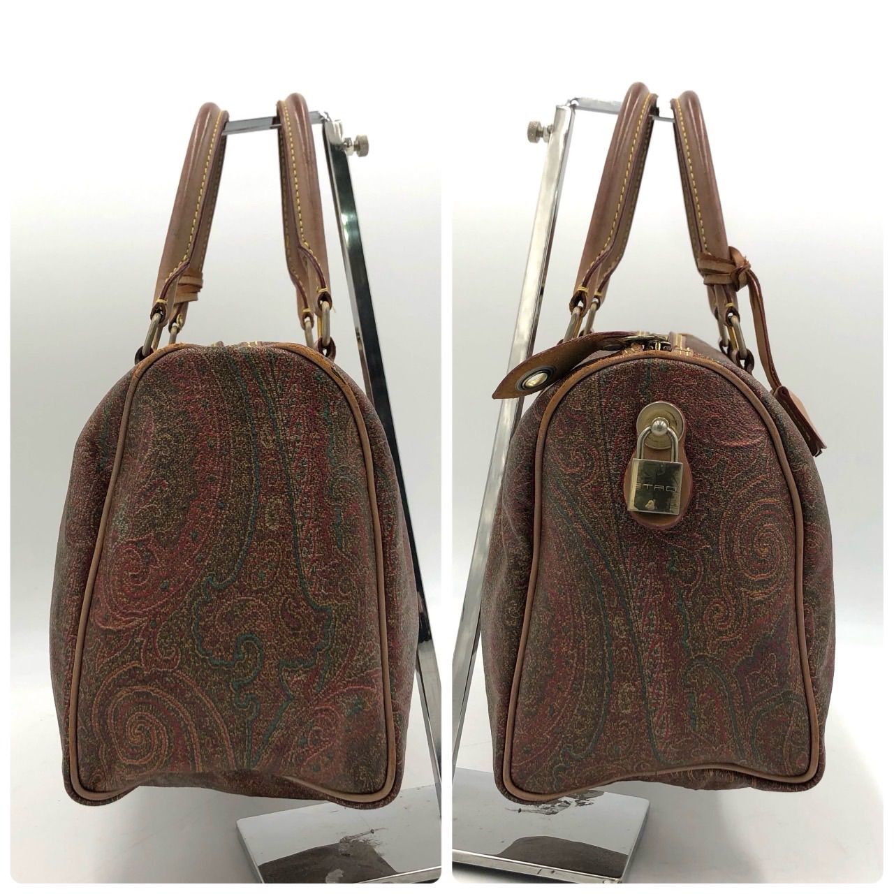 エトロ ミニボストン ハンドバッグ ペイズリー柄 PVC レザー ブラウン