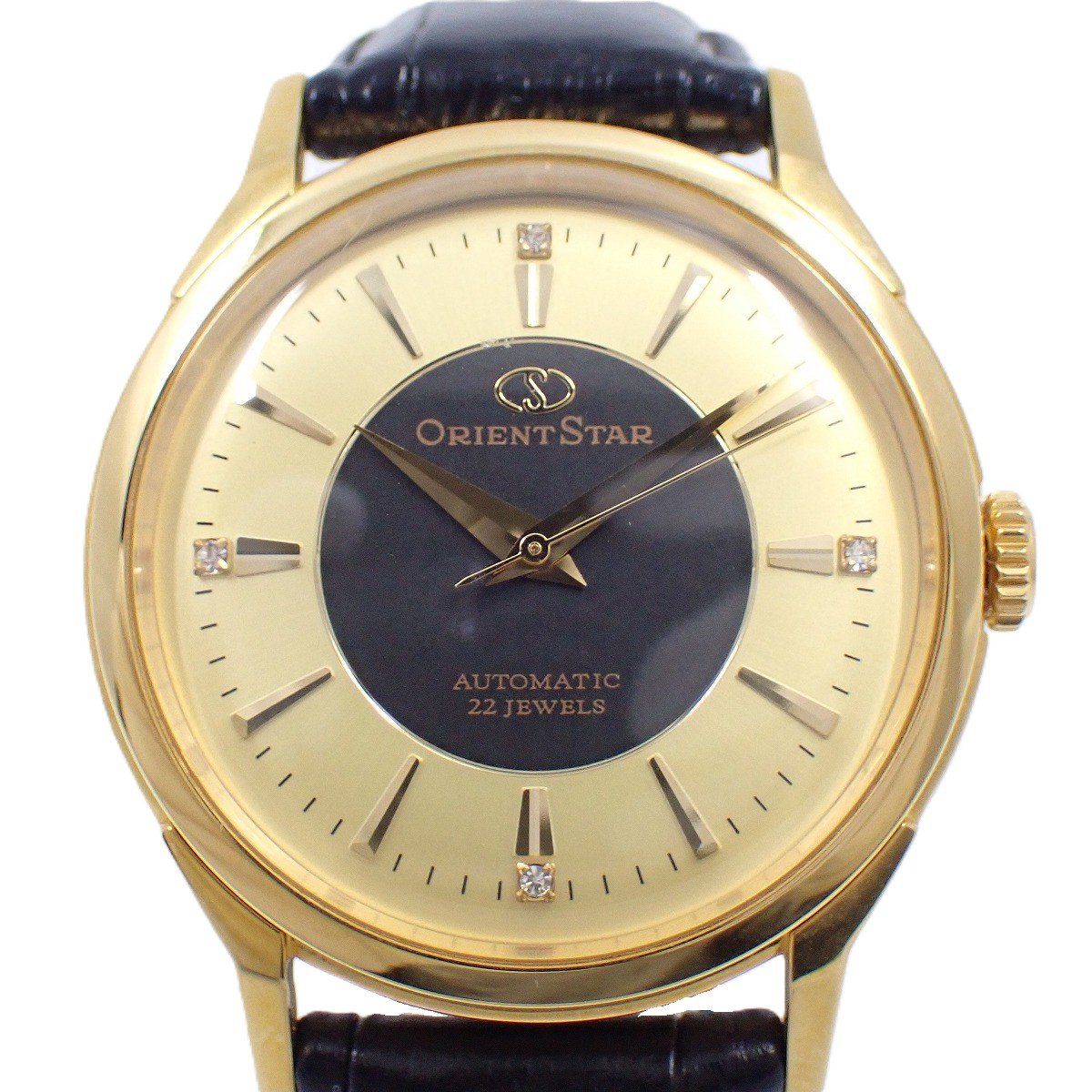 オリエントスター 2500本 モデル 自動巻き メンズ 腕時計 4Pダイヤ入り黒 ゴールド文字盤 純正革ベルト いおき質店