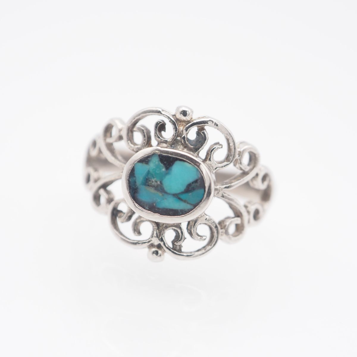 L459 ターコイズ風 リング インレイ 透かし彫り デザイン シルバー