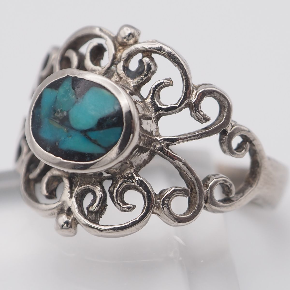 L459 ターコイズ風 リング インレイ 透かし彫り デザイン シルバー