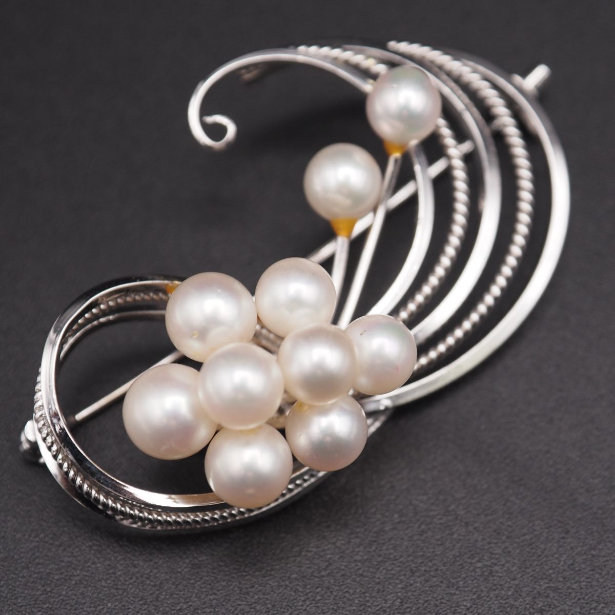 L262 本真珠 5.5-6.7mm10珠 パール STERLING刻印 ブローチ デザイン