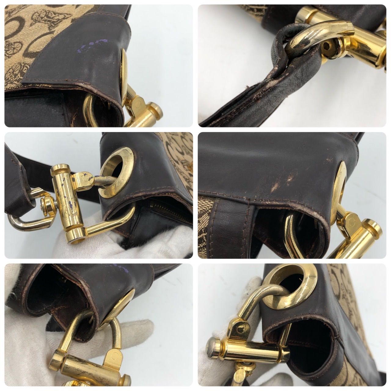 セリーヌ Cマカダム ショルダーバッグ 馬車金具 キャンバス レザー 