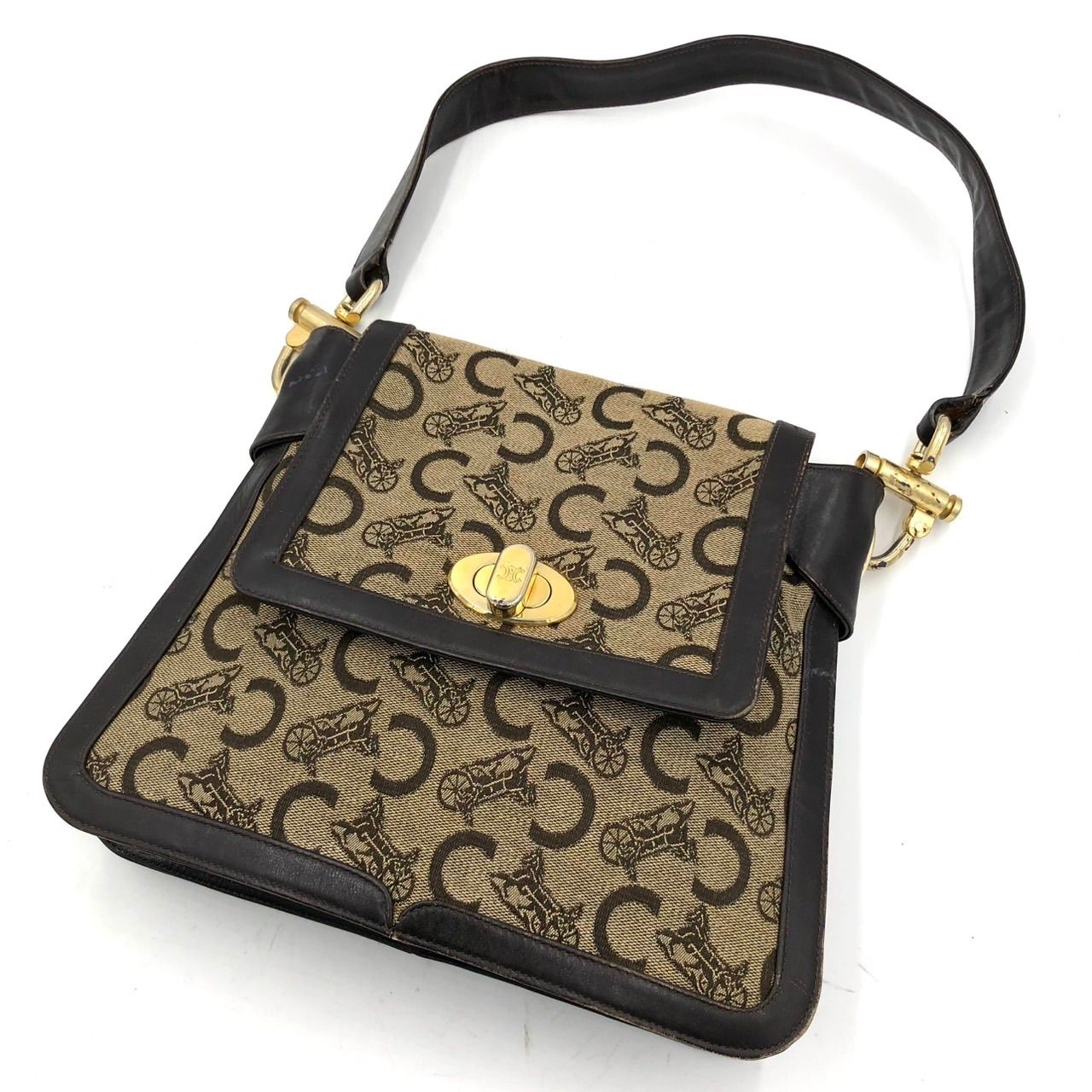 セリーヌ Cマカダム ショルダーバッグ 馬車金具 キャンバス レザー