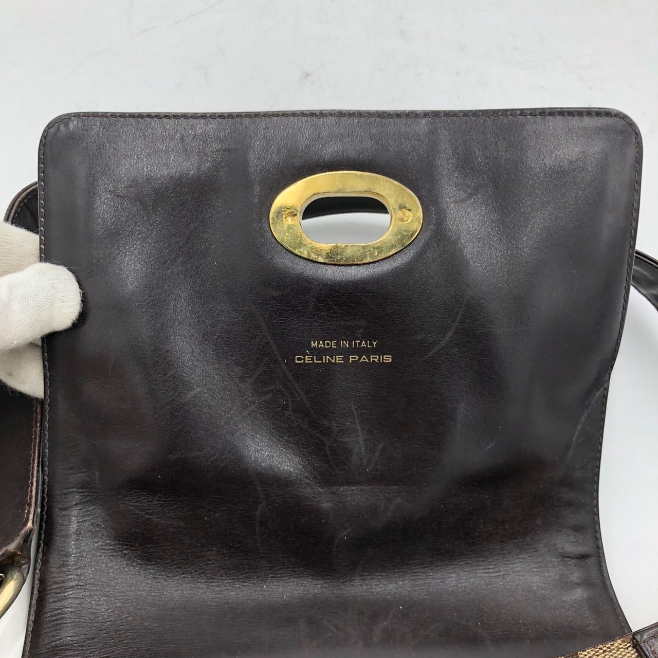 セリーヌ Cマカダム ショルダーバッグ 馬車金具 キャンバス レザー 