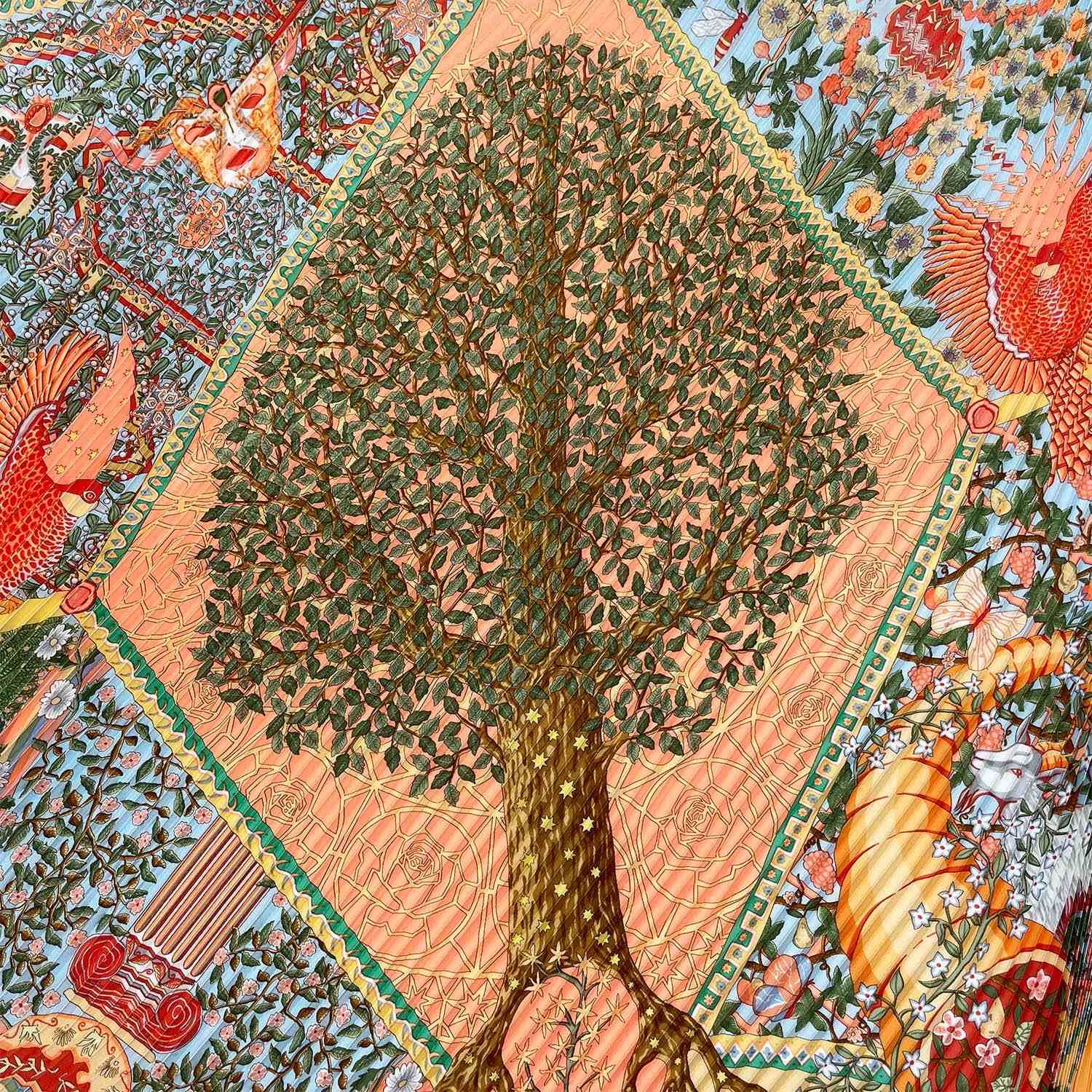 HERMES エルメス プリーツ カレ90 Axis Mundi 世界の中心軸 草木 花柄