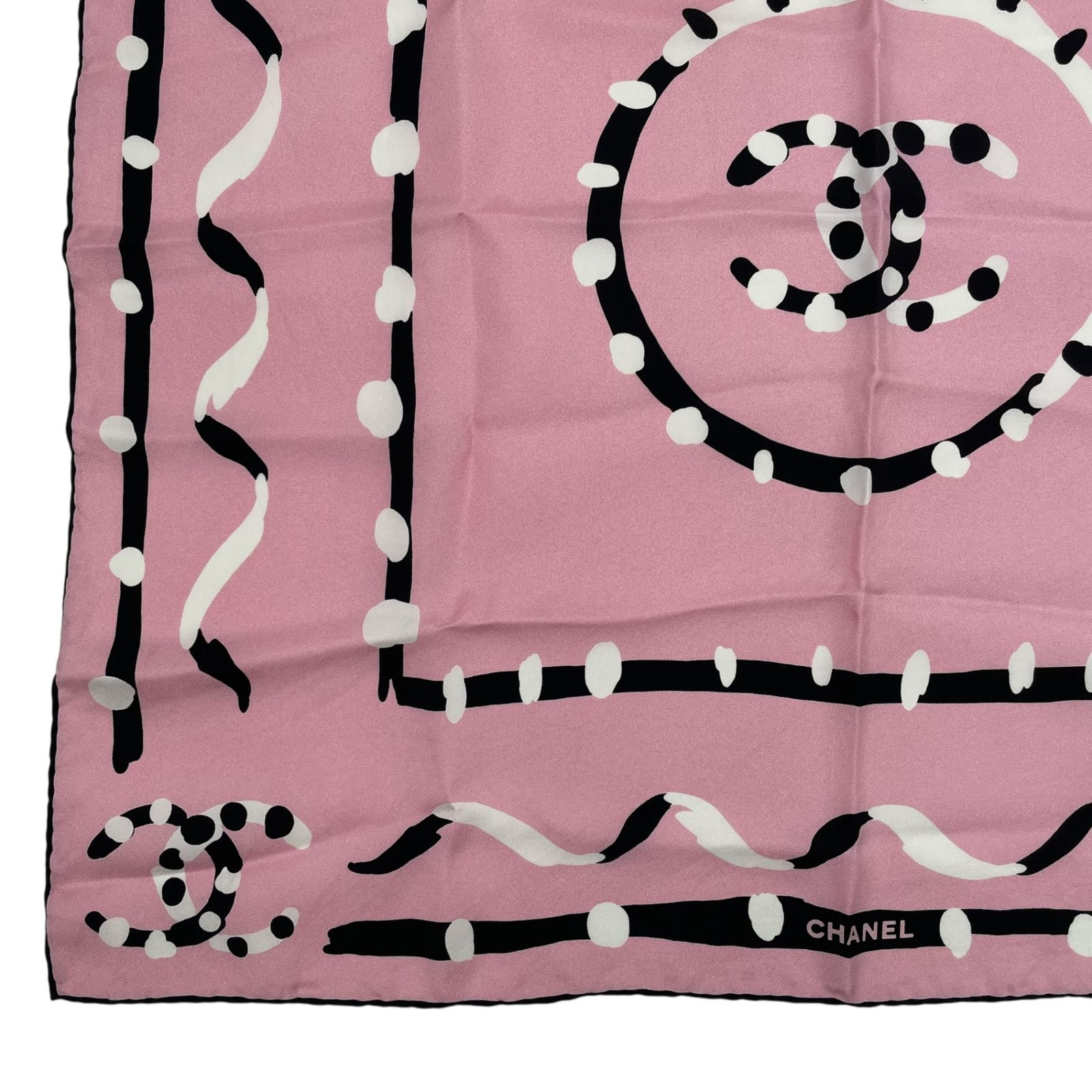 極美品 CHANEL シャネル スカーフ シルク ココマーク ドット柄 ピンク