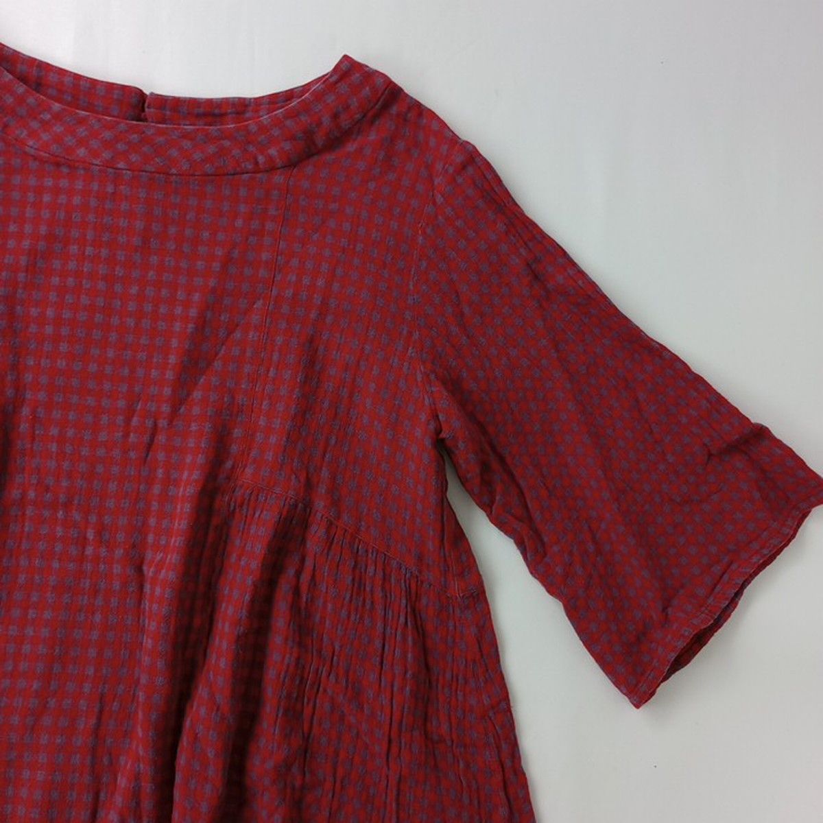 根々 群言堂 コットン ガーゼ ギャザーチュニック ブラウス ギンガム