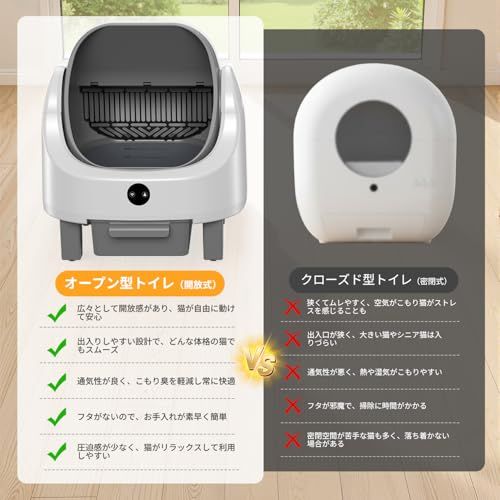 OROLEY 全自動猫トイレ 自動猫砂盆 オープントップ 96L 大容量 猫用