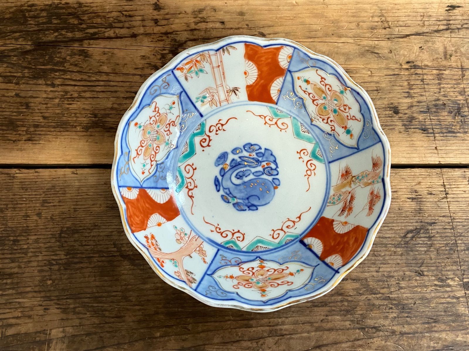 能登蔵出し 時代物 色絵 金彩 クルス窓絵文 輪花 大なます皿/深皿 膾皿