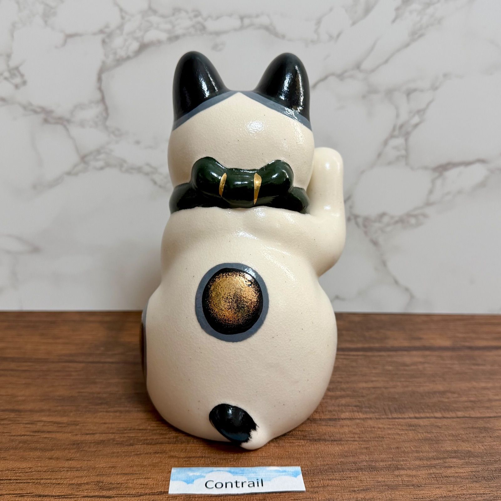 薬師窯 菊花 招き猫 (右手上げ・緑・大) 右手 金運招福 縁起物