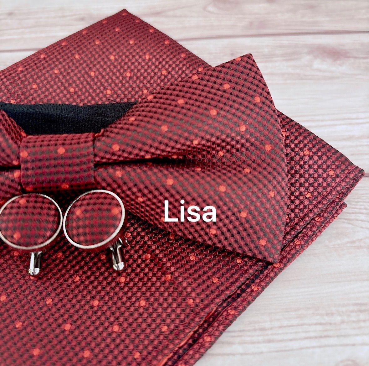 蝶ネクタイ 3点セット カフスボタン ポケットチーフ ダークレッド