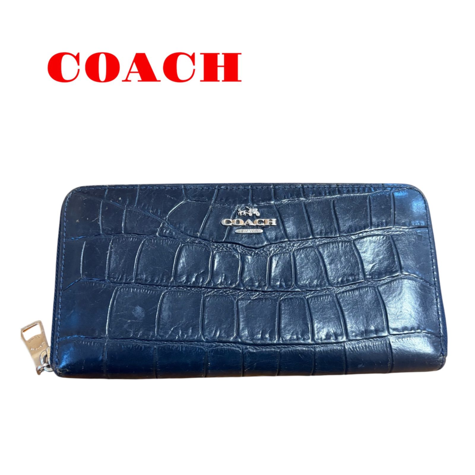 コーチ 長財布 ラウンドファスナー レザー ネイビー - メルカリ