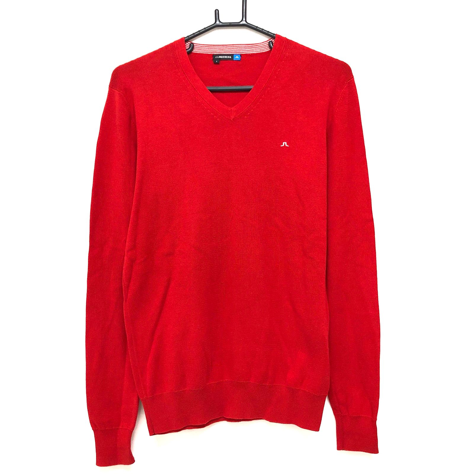 美品】ジェイリンドバーグ セーター レッド 胸ロゴ 綿100％ Vネック