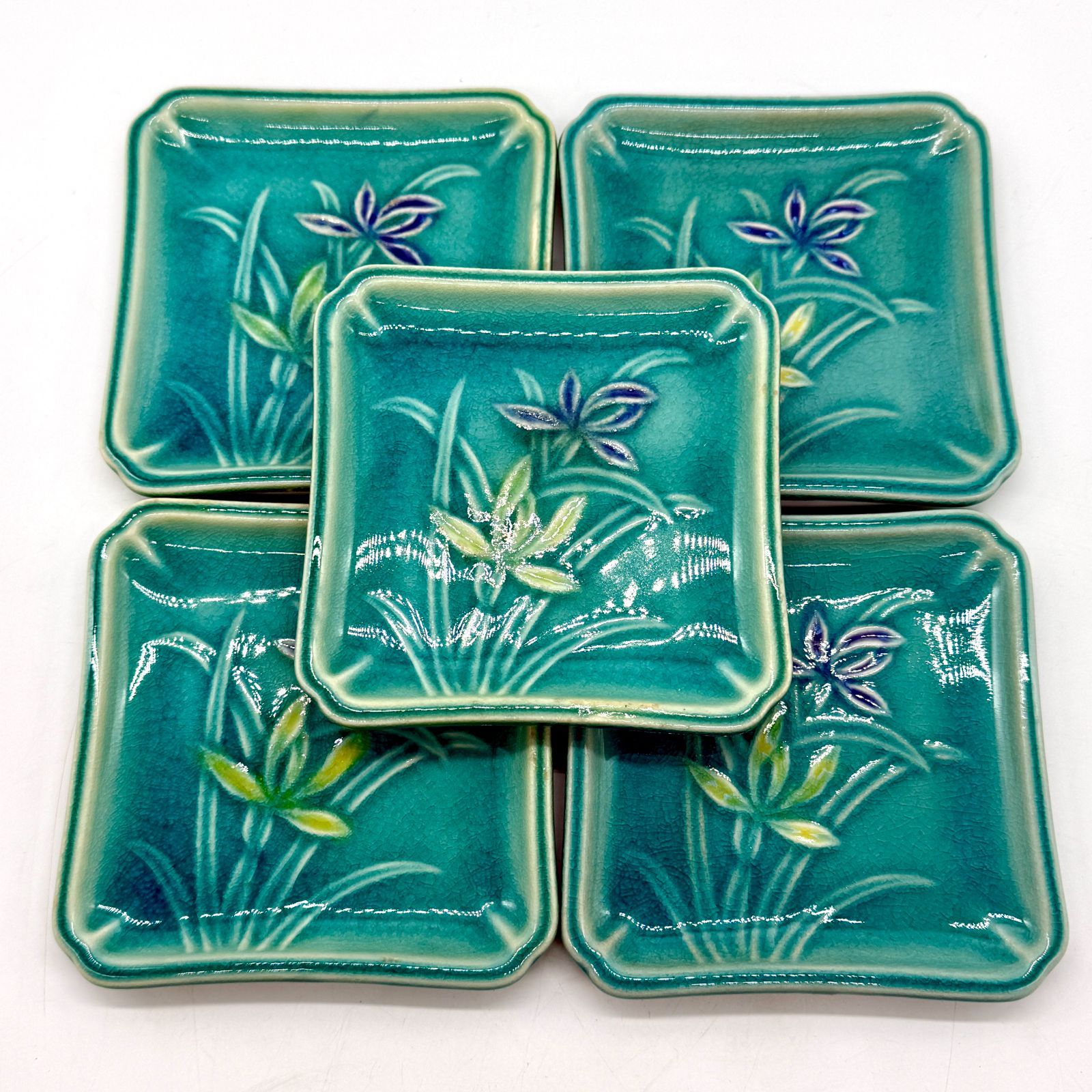 瀬戸焼 翡翠色 花柄 正方形皿 5枚セット カゴ付き スクエア 銘々皿