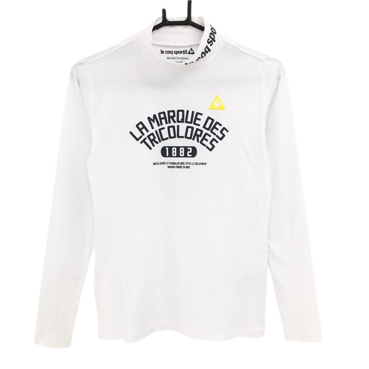 美品】ルコックゴルフ 長袖ハイネックシャツ 白×ネイビー フロント英字