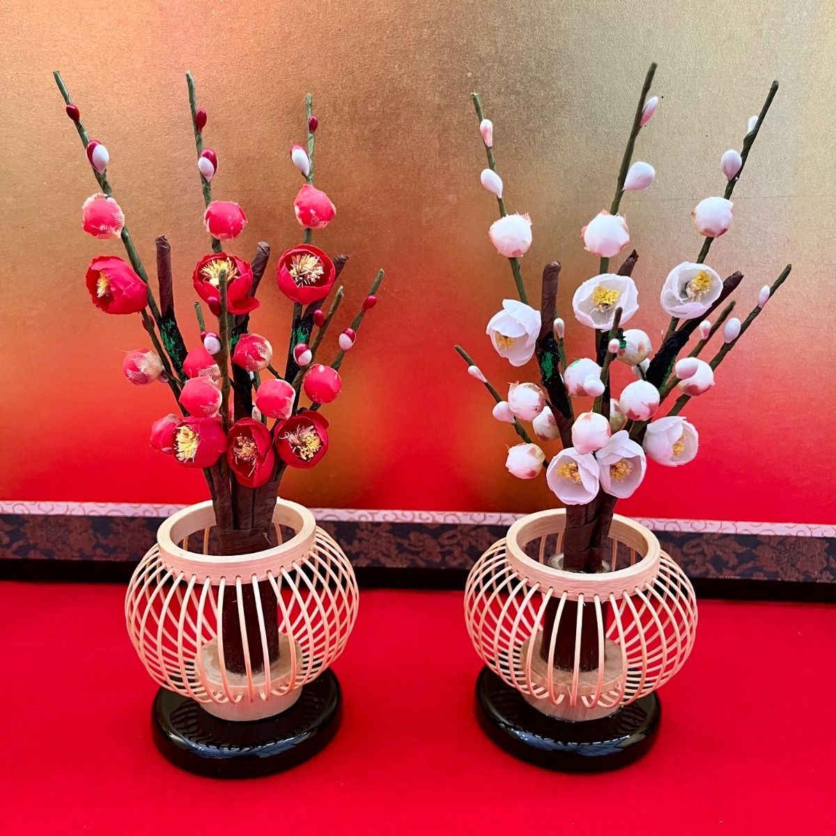 新品☆特選☆小さな白梅紅梅☆純木製☆桜橘☆高さ21㎝☆真珠と珊瑚の