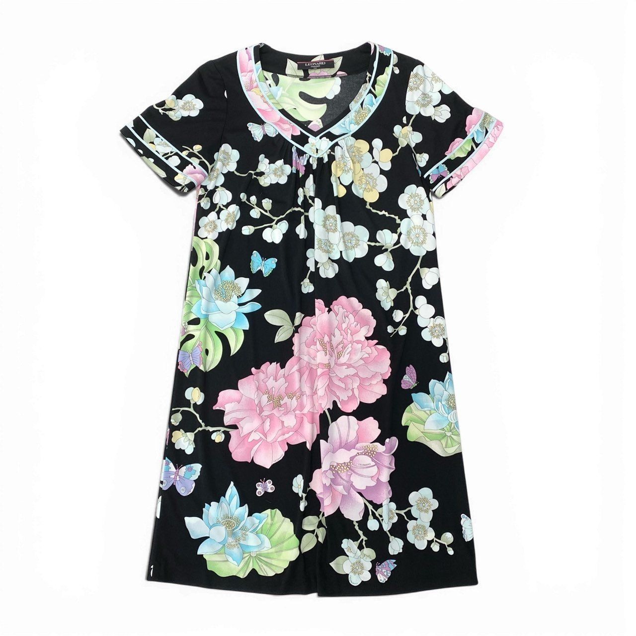 47b4 LEONARD レオナール Vネック半袖ワンピース 膝丈ワンピース