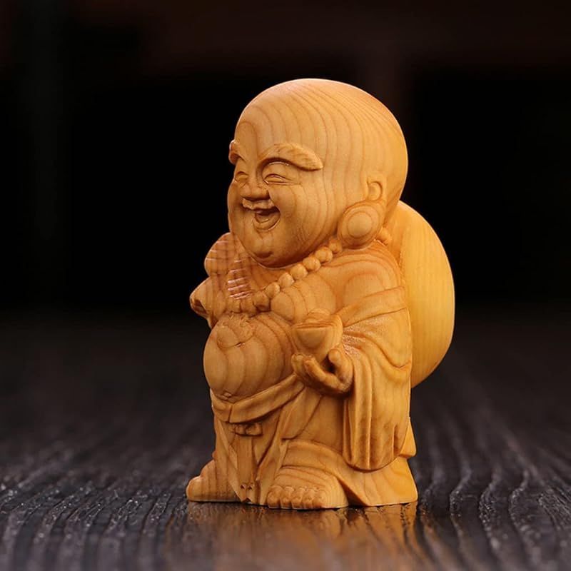 新品】 仏像 木彫り ミニ 布袋様 置物 ツゲ製高級木彫り 金運 お守り