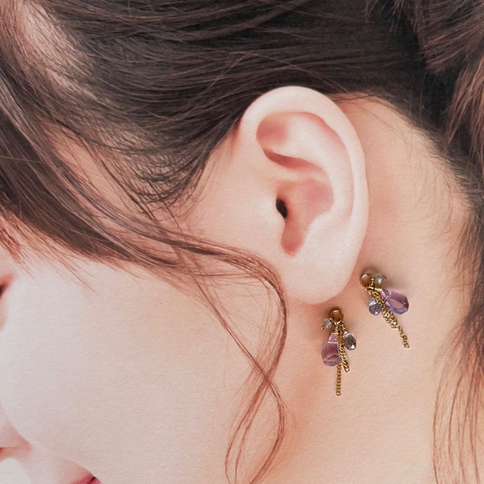 ピンクアメジスト＆スピネル、ブルートパーズのチャーム【14kgf