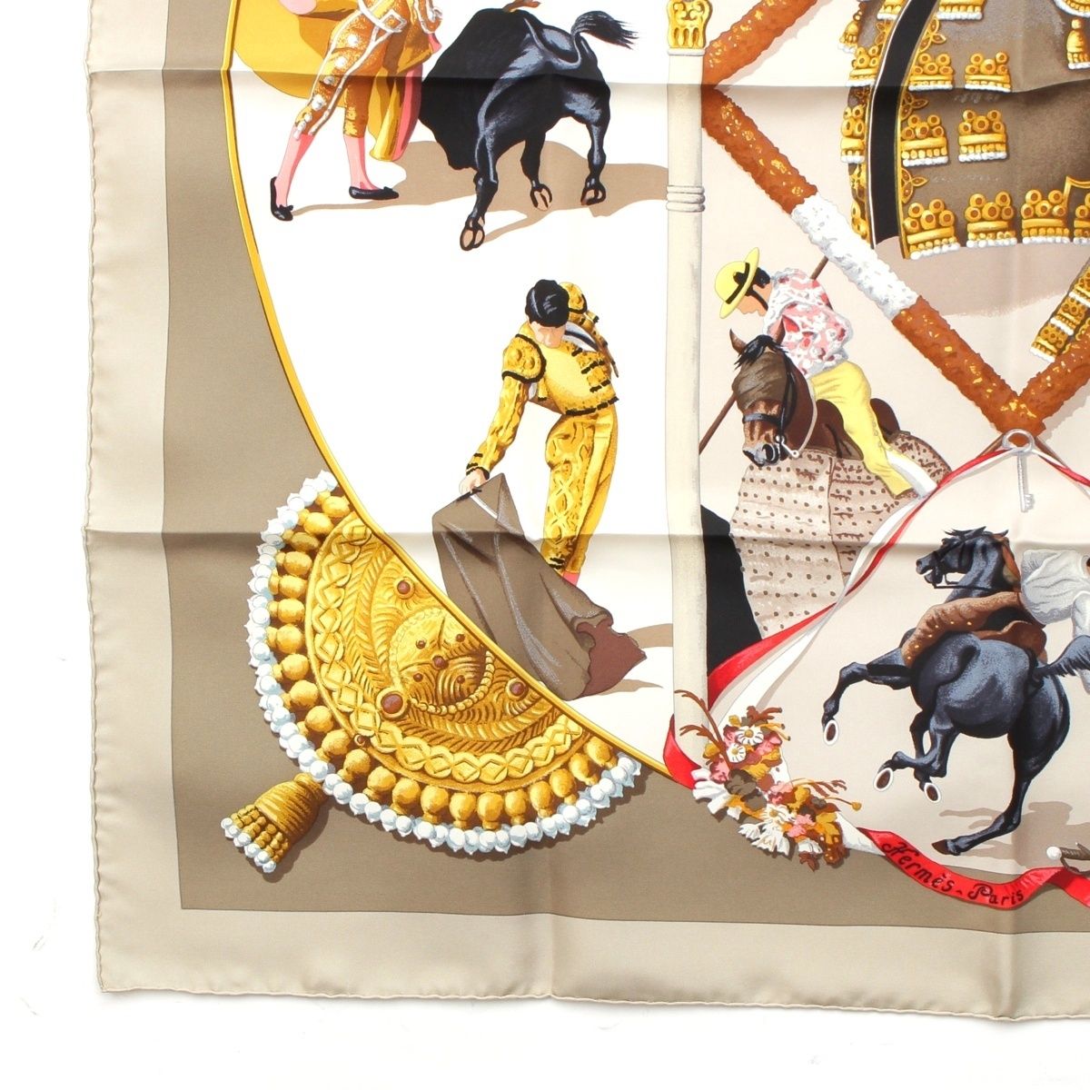 エルメス カレ90 シルク PLAZA DE TOROS 闘牛場 スカーフ グレー【中古