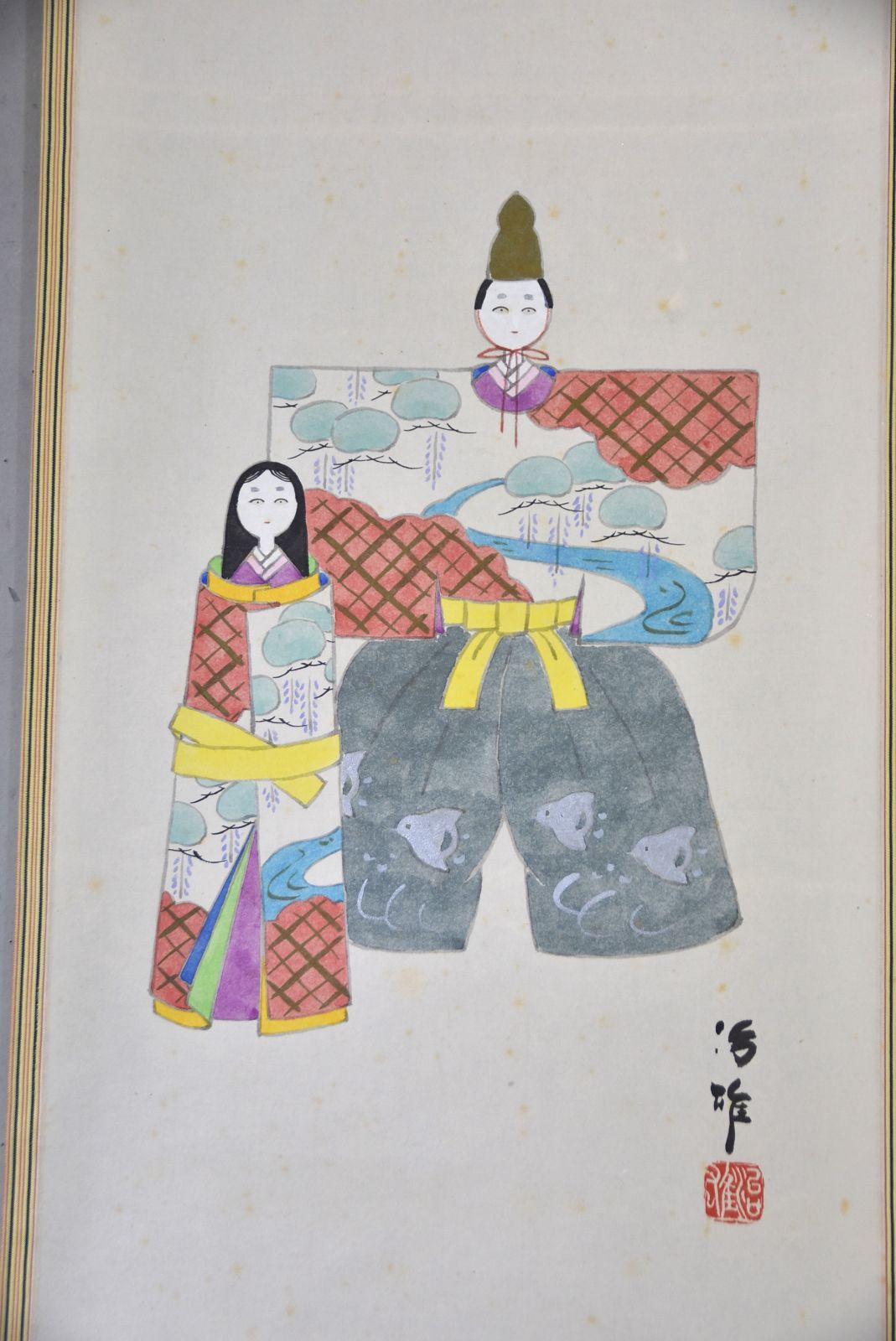 桃花笑春風 立雛 画賛」稲葉 治雄（画）松長 剛山（賛）共箱・雛の節句