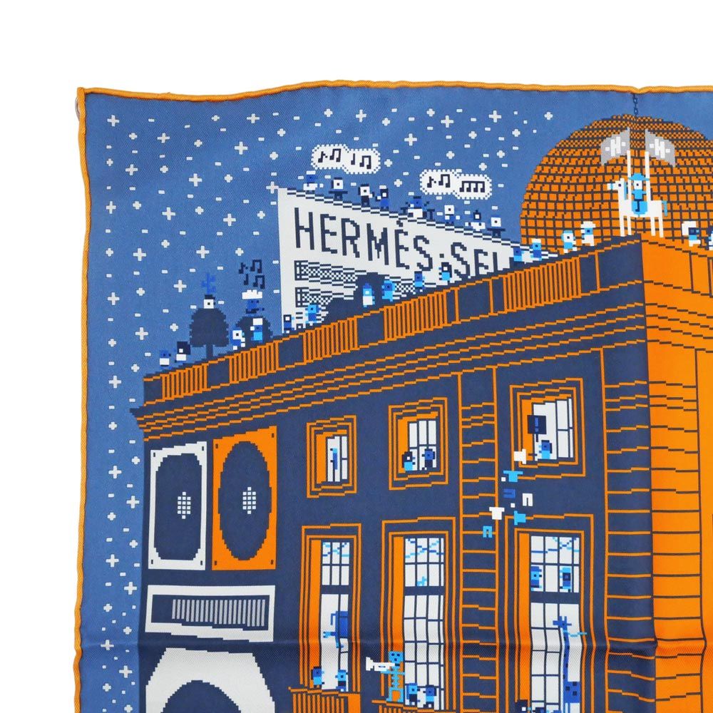 名東】エルメス ポケットチーフ フォーブルパーティ ブルー系 オレンジ
