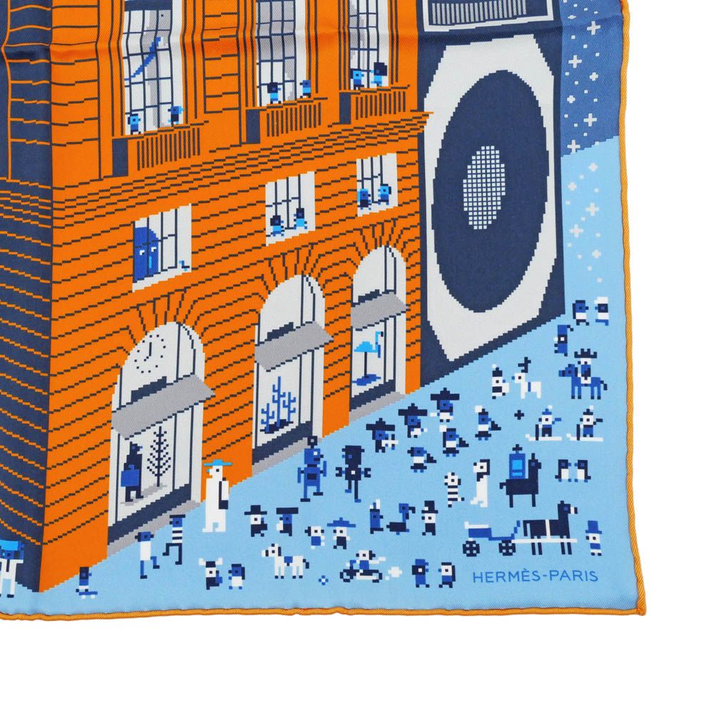 名東】エルメス ポケットチーフ フォーブルパーティ ブルー系 オレンジ