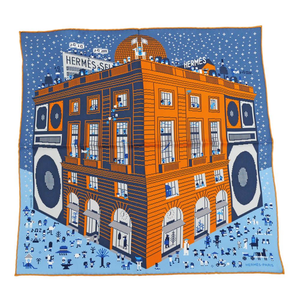 名東】エルメス ポケットチーフ フォーブルパーティ ブルー系 オレンジ