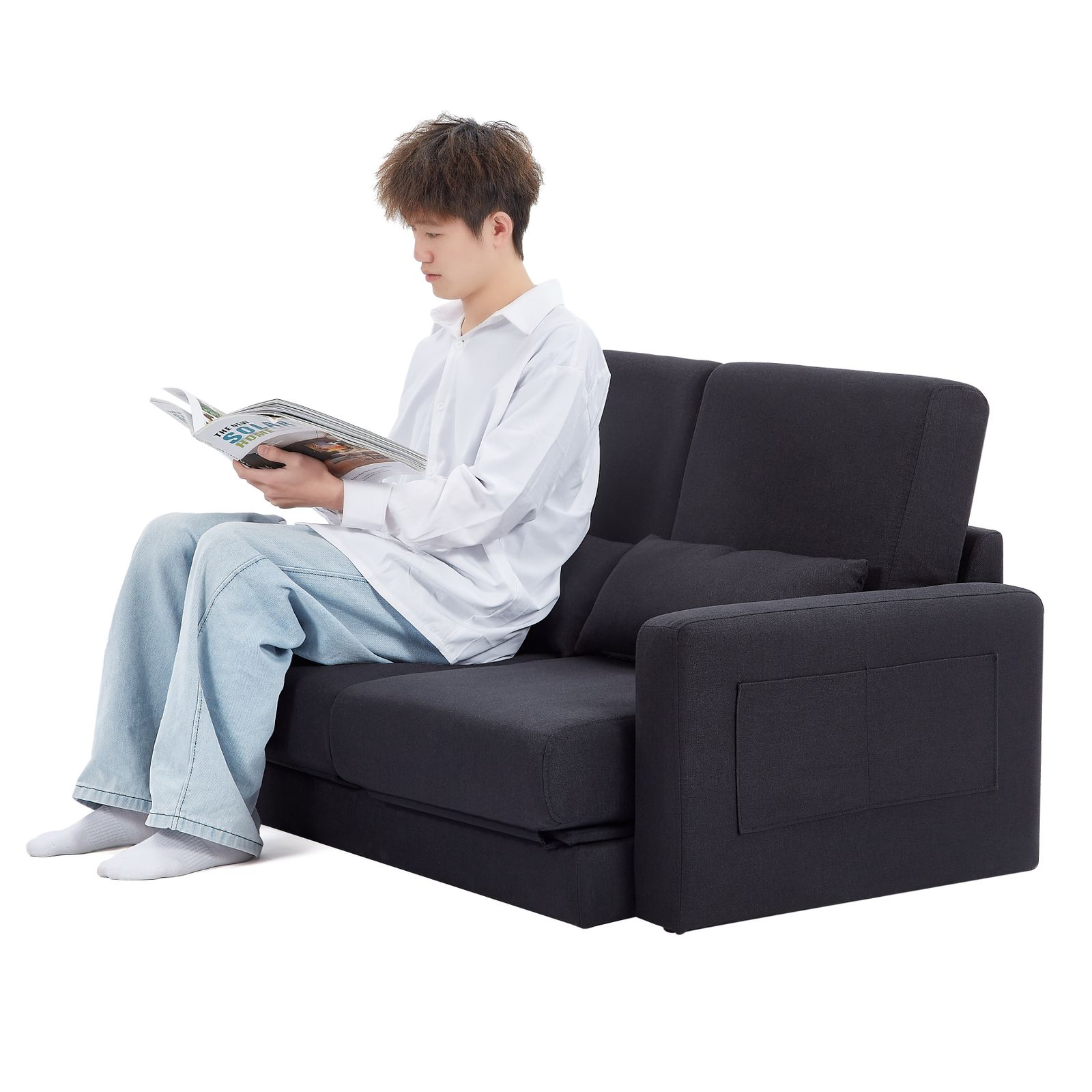 全新品 2 seater sofa ソファ 2人掛け 収納付き ファブリック 両側に 