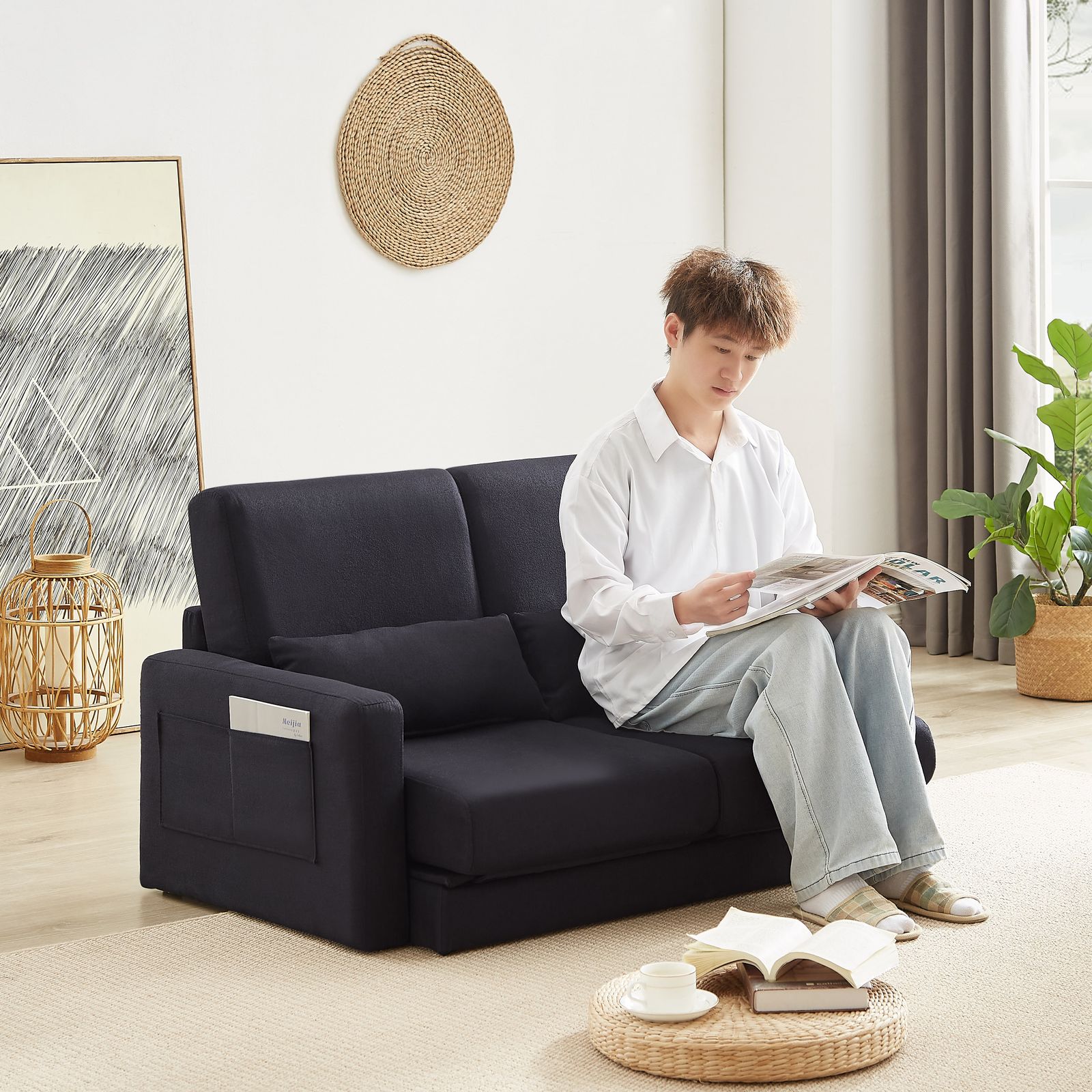ソファ 2人掛け ソファーベッド 収納付き ファブリック 両側に肘掛け付き
