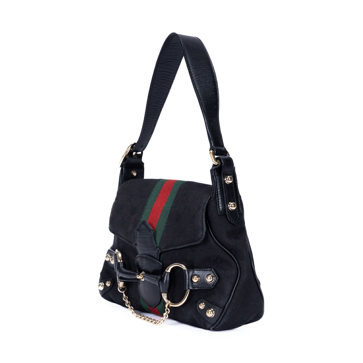 中古] GUCCI グッチホースビットチェーンフラップ黒モノグラム