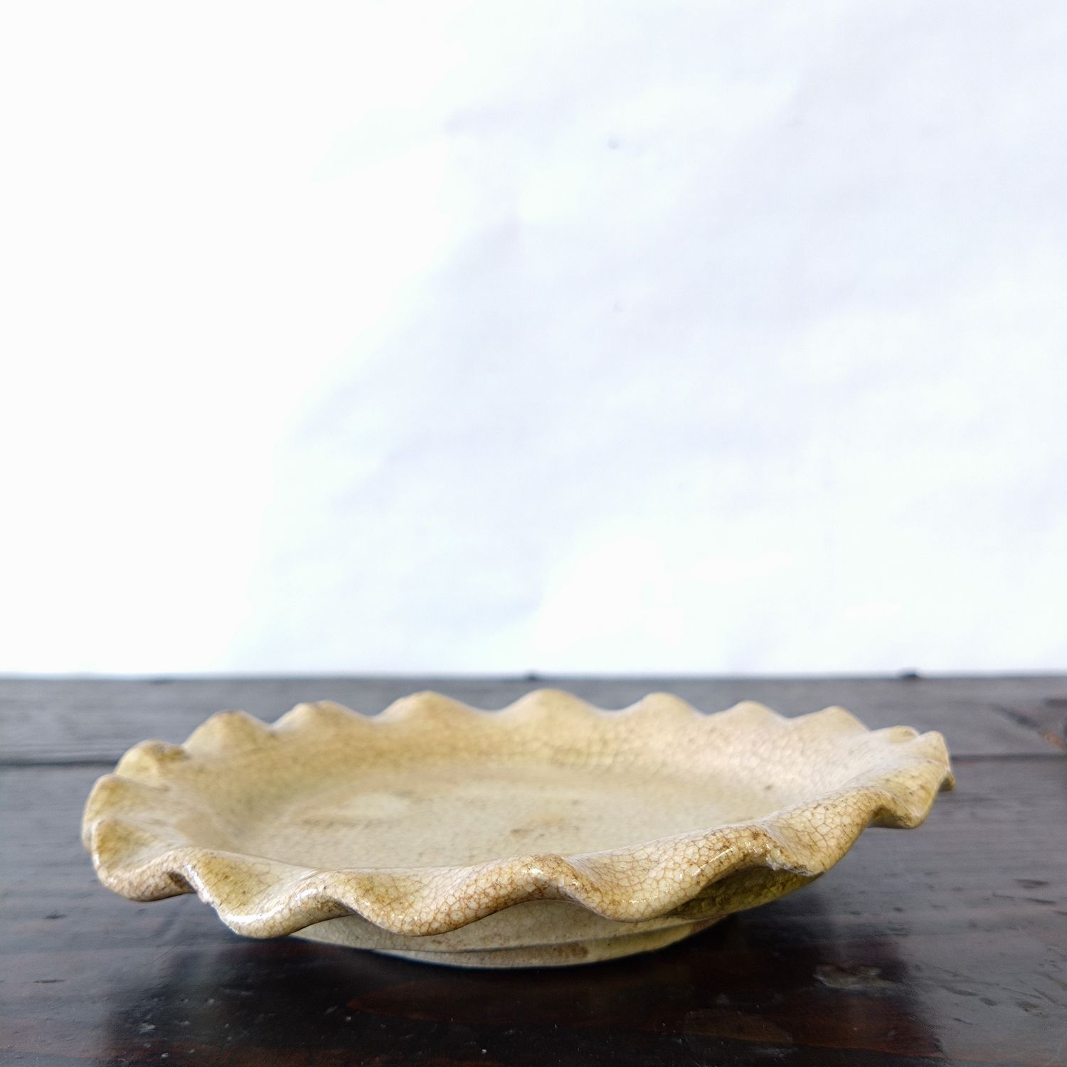 江戸中期 御深井焼（おふけやき）灰釉 輪花 ひだ皿 3枚組 12.1cm 0203