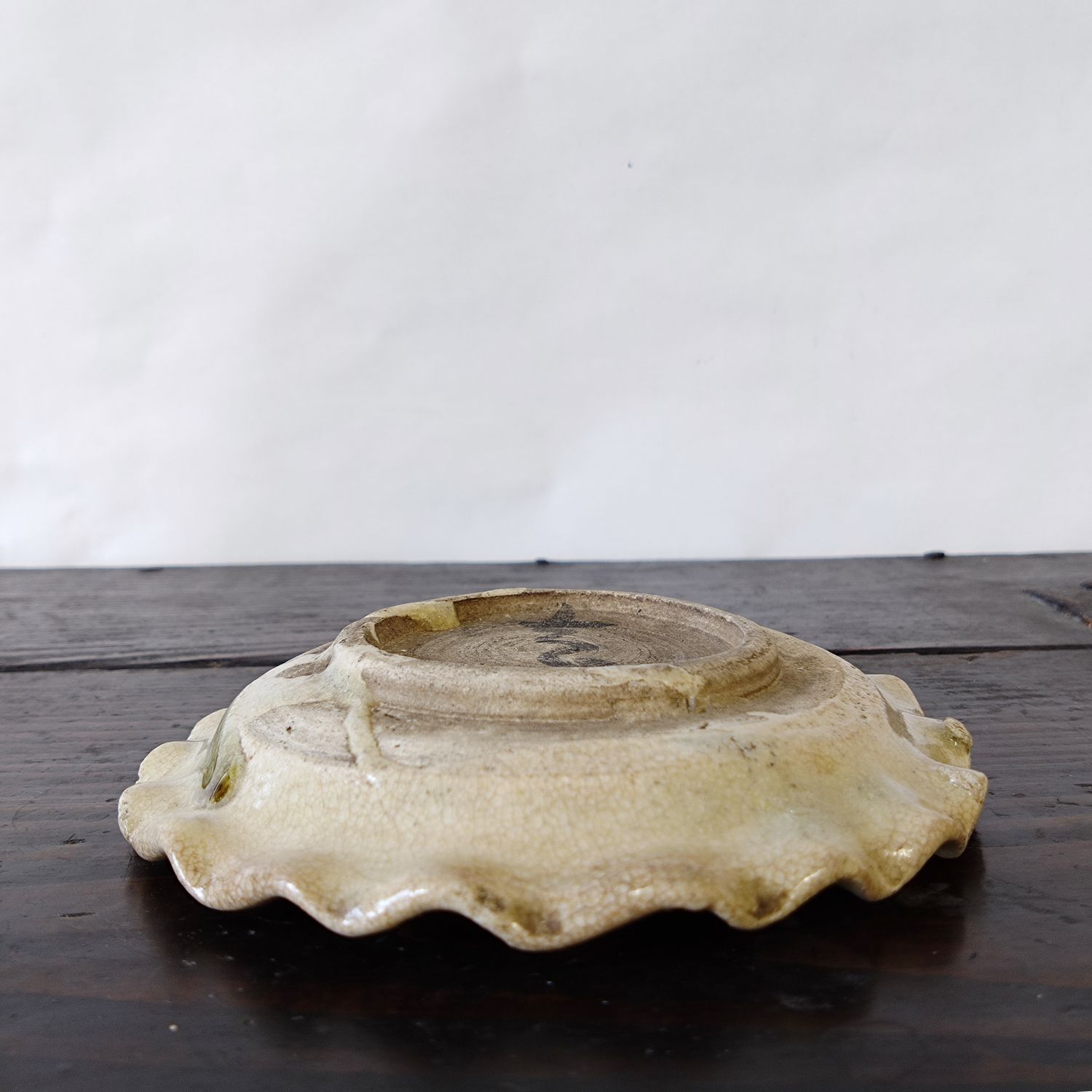 江戸中期 御深井焼（おふけやき）灰釉 輪花 ひだ皿 3枚組 12.1cm 0203