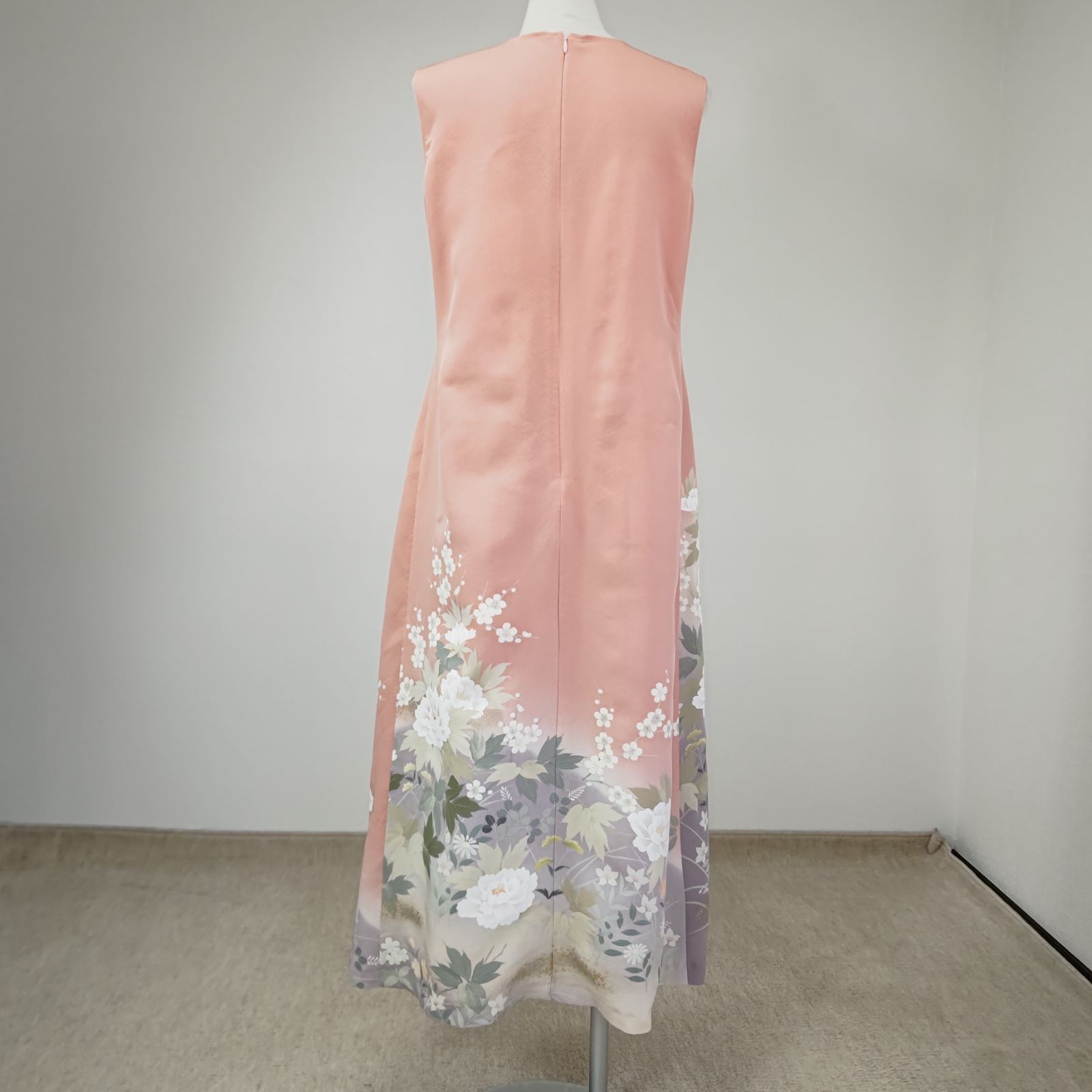 zunezune 訪問着ドレス ノースリーブ 着物リメイクワンピース サーモン