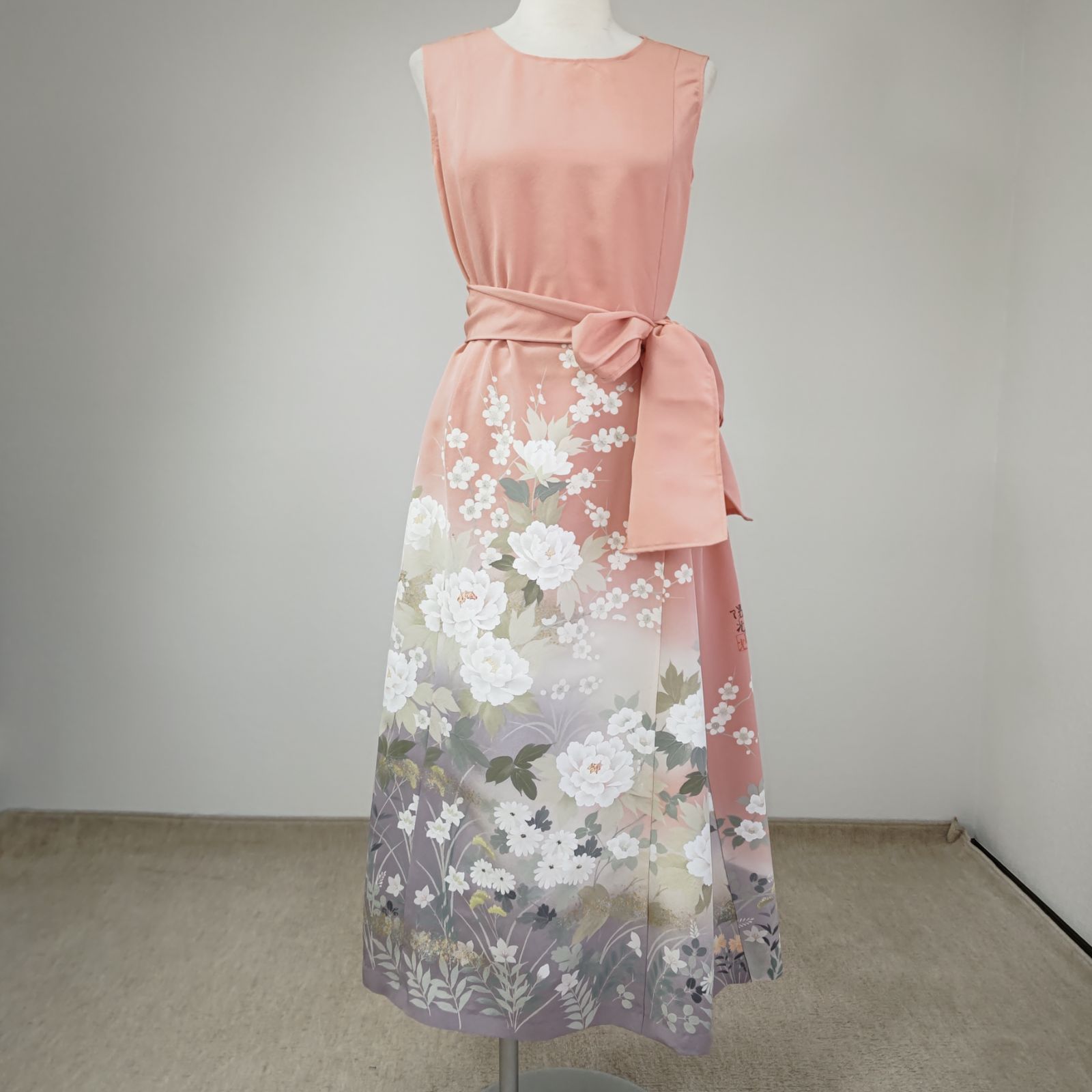 zunezune 訪問着ドレス ノースリーブ 着物リメイクワンピース サーモン