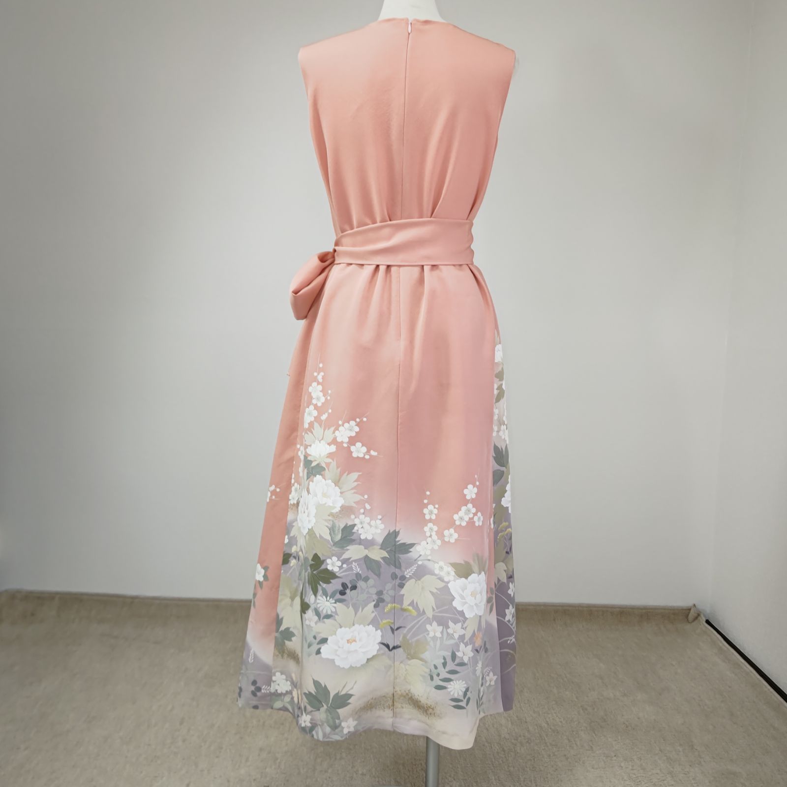 zunezune 訪問着ドレス ノースリーブ 着物リメイクワンピース サーモン