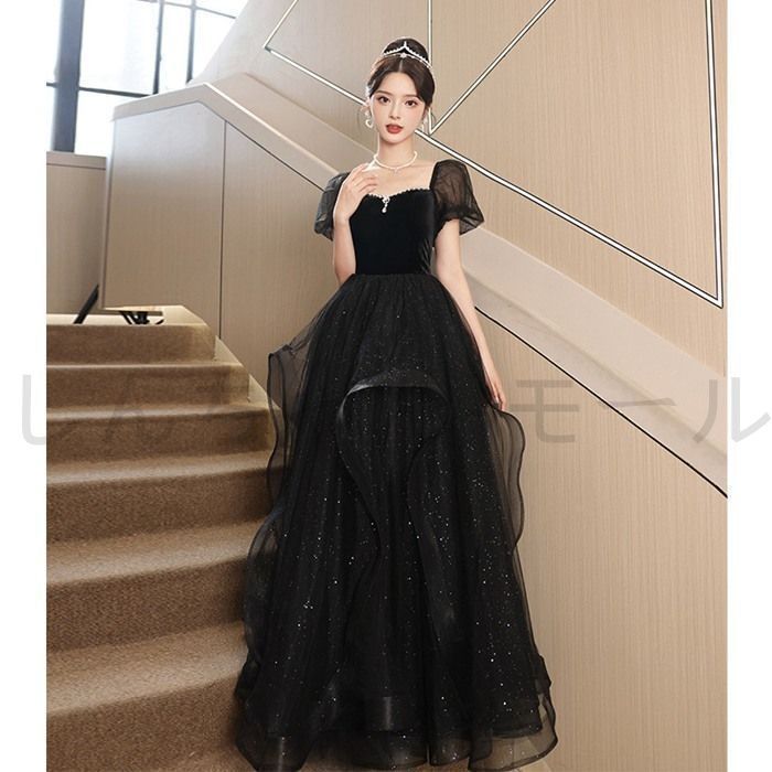 新しい未使用 パーティードレス ロング 袖あり ロングドレス 黒 結婚式 