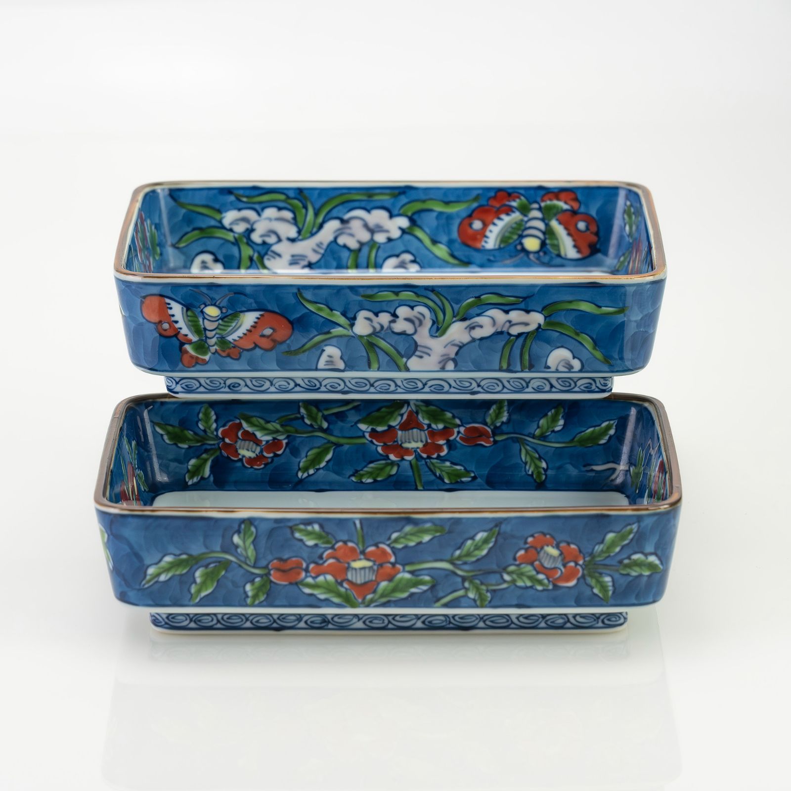 舘林源右衛門 作 染錦古代花鳥図 角鉢2 醤油皿2 二組セット 有田焼