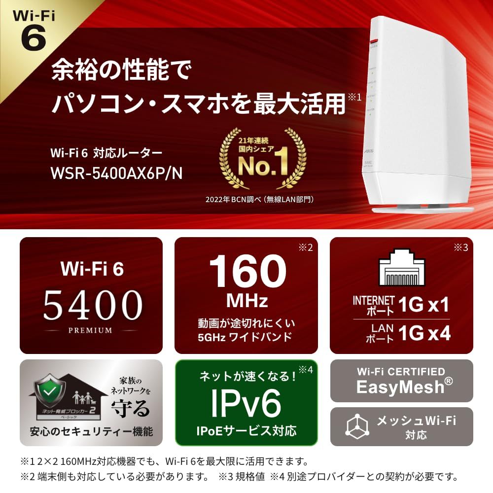 BUFFALO バッファロー WiFi ルーター無線LAN Wi-Fi 6 11ax / 11ac AX5400 4803+574Mbps 日本メーカー WSR-5400AX6P/WH ホワイト