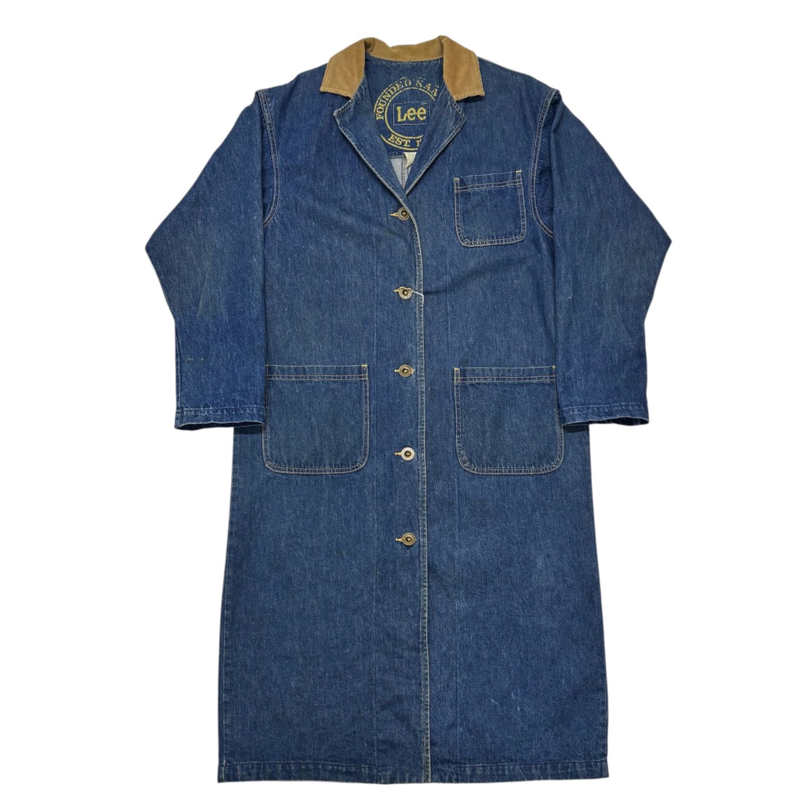 80s USA製 Lee デニム ショップコート M 襟コーデュロイ ロング丈