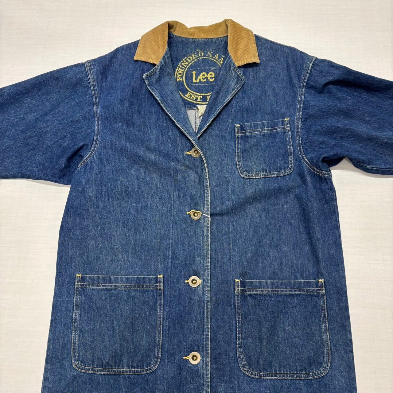 80s USA製 Lee デニム ショップコート M 襟コーデュロイ ロング丈